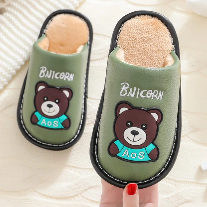 卡通儿童棉拖秋冬季男童室内防水PU面防滑女童保暖半包跟毛绒拖鞋