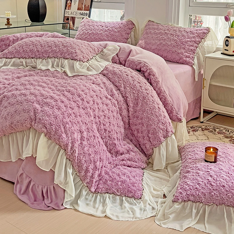 家廷茂加厚兔毛绒牛奶绒四件套韩版扭花吊边款双面绒被套床上用品