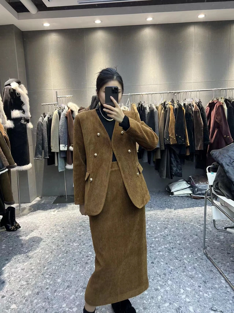 高级感裙套装女2023秋冬新款双排扣西装外套十高腰直筒长裙