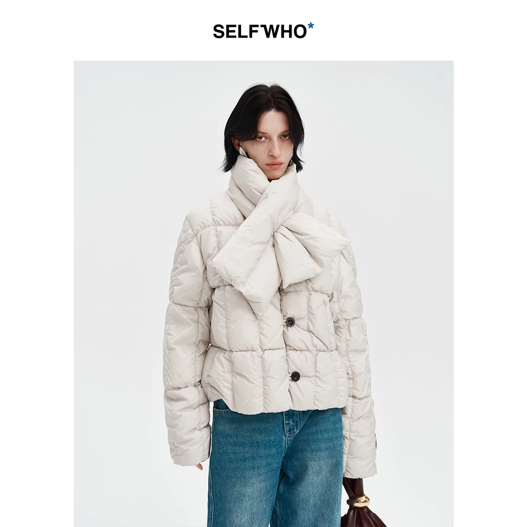 SELFWHO白鸭绒可拆卸羽绒围巾短款羽绒服女2024冬宽松保暖外套