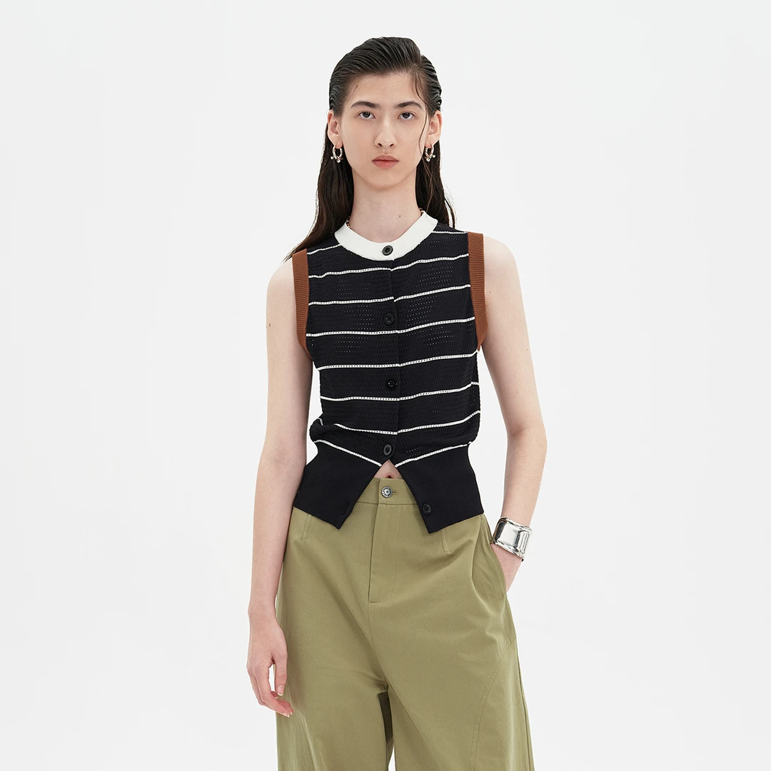 【娜扎同款】藏青条纹马夹女2024夏新款吸湿透气百搭时髦马甲