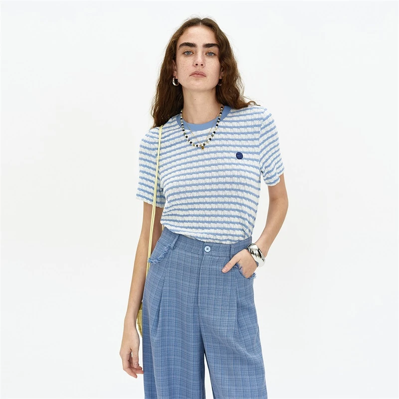 SELFWHO撞色条纹短袖t恤女圆领修身正肩小个子短款上衣【A1TX206】