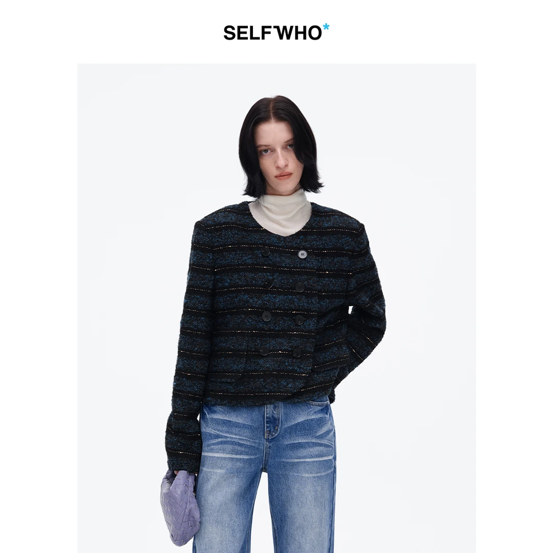 SELFWHO绵羊毛混纺双排扣条纹短外套女2024冬季粗花呢小香风上衣