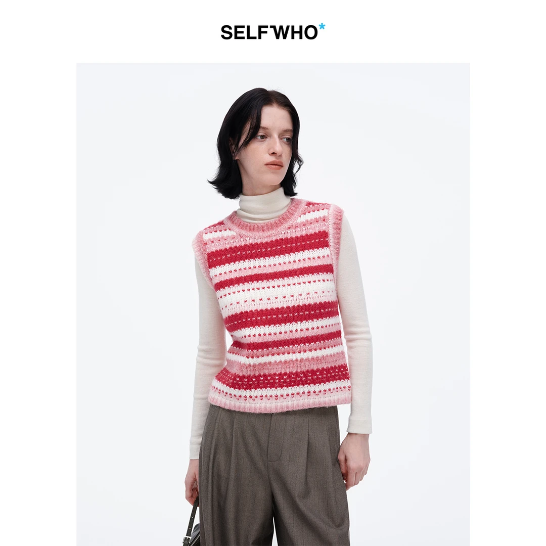 SELFWHO绵羊毛混纺渐变条纹针织马甲背心女2024冬季新款圆领毛衣