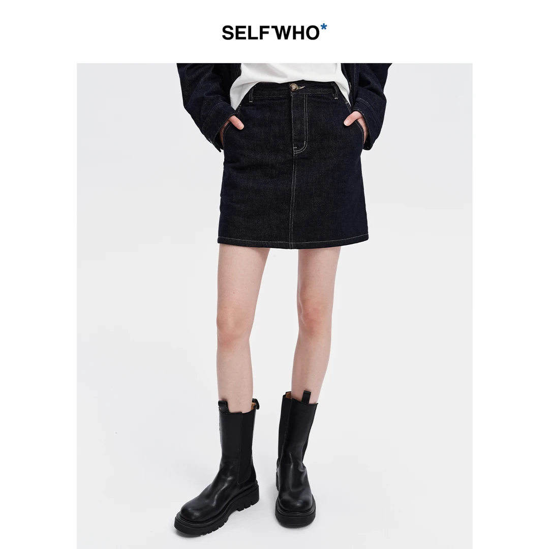 SELFWHO纯棉复古做旧牛仔短裙女【S4BQ008】