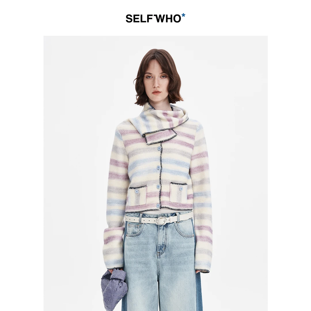 SELFWHO混纺撞色围巾领针织衫女2024秋新款轻薄短开衫