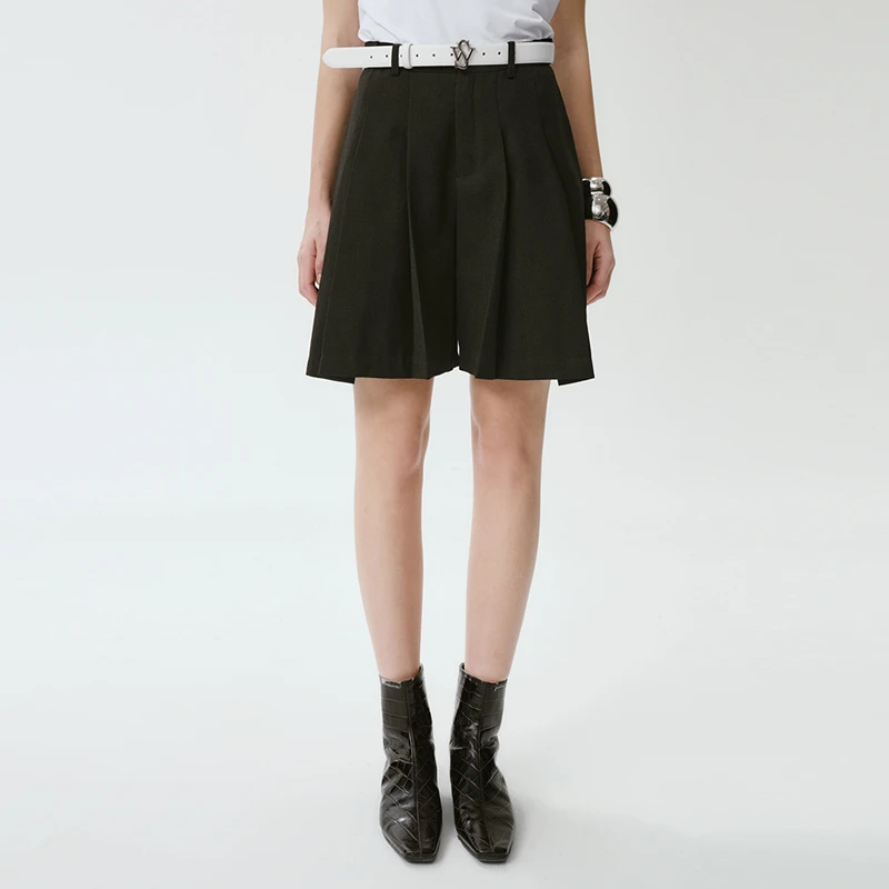 SELFWHO 黑色百褶裙裤女2024早春新款小个子高腰通勤垂感阔腿短裤