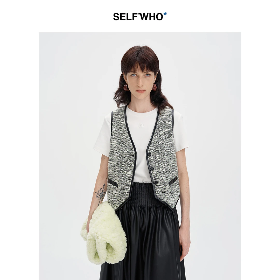SELFWHO短款v领马甲背心女外穿2024秋新款小个子独特别致无袖马夹