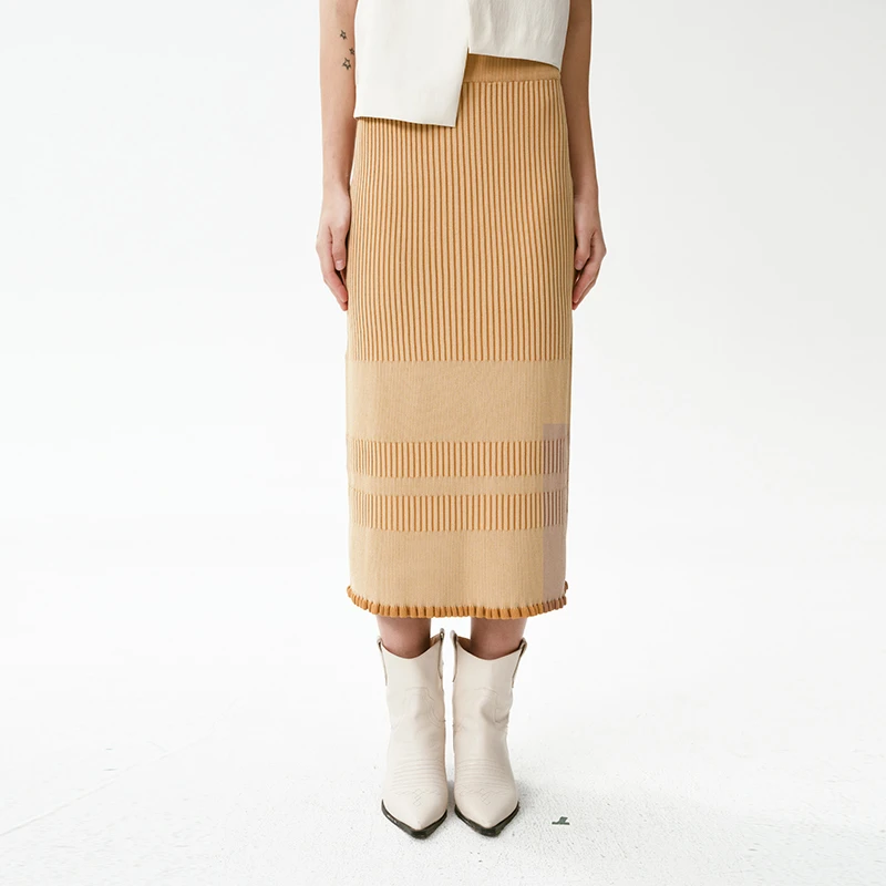 Self Who咖色条纹针织半身裙女2024春新款宽松直筒休闲设计感裙子