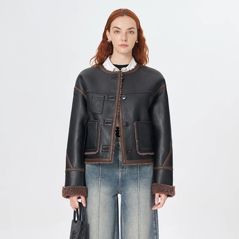 Self Who羊毛外套女冬季2023新款小个子高级感两面穿环保PU皮