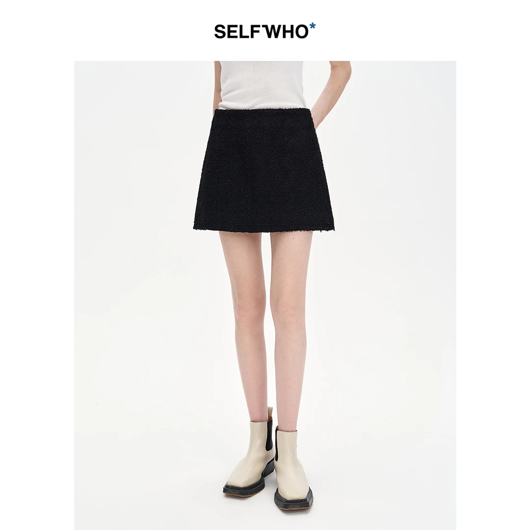 SELFWHO黑色针织短裙女2024秋新款小个子气质包臀高腰半身裙秋冬