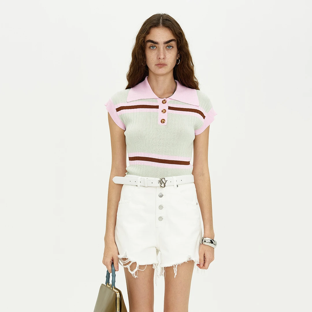 Self Who粉绿条纹针织POLO衫女小个子设计感短袖上衣【A1TX199】