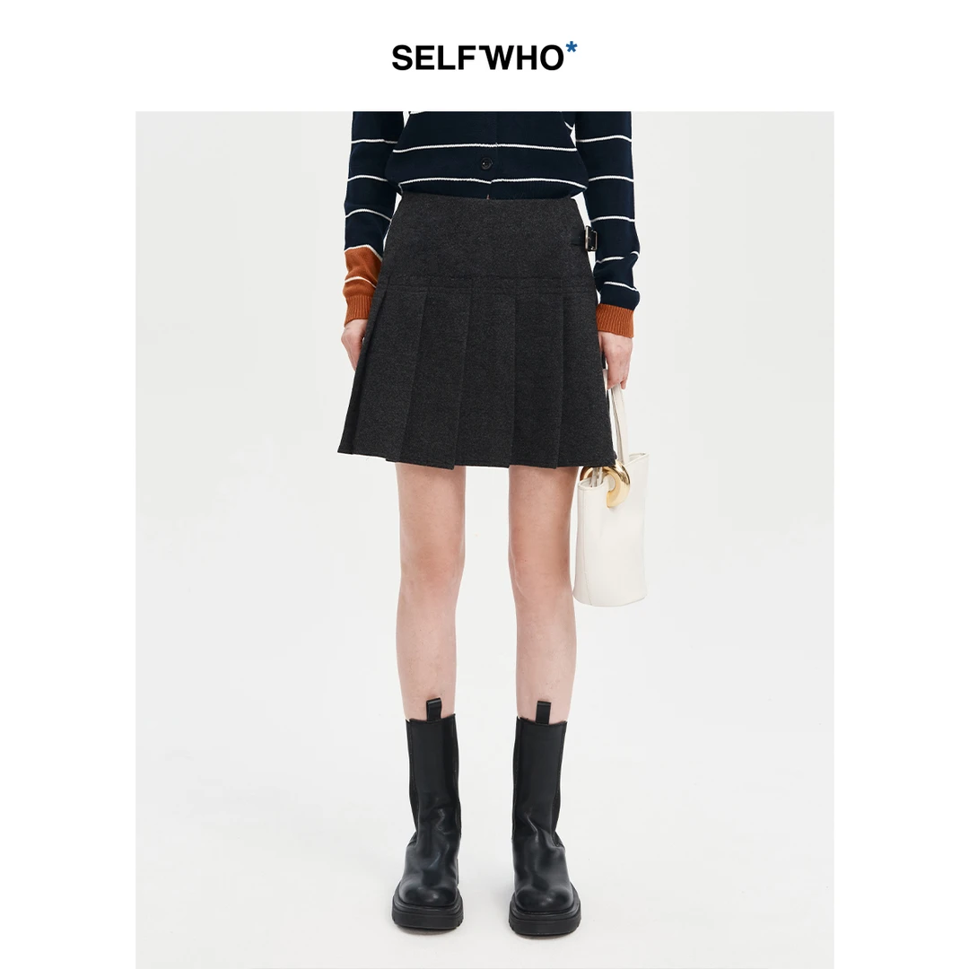 SELFWHO羊毛混纺灰色百褶短裙女2024秋冬一体式腰带设计a字半身裙