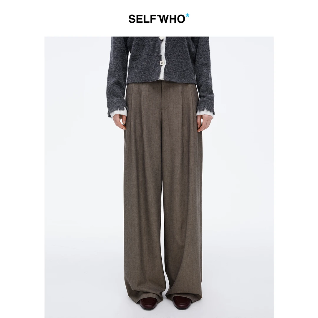 SELFWHO经典双褶阔腿西裤女季新款宽松显瘦百搭通勤休闲裤