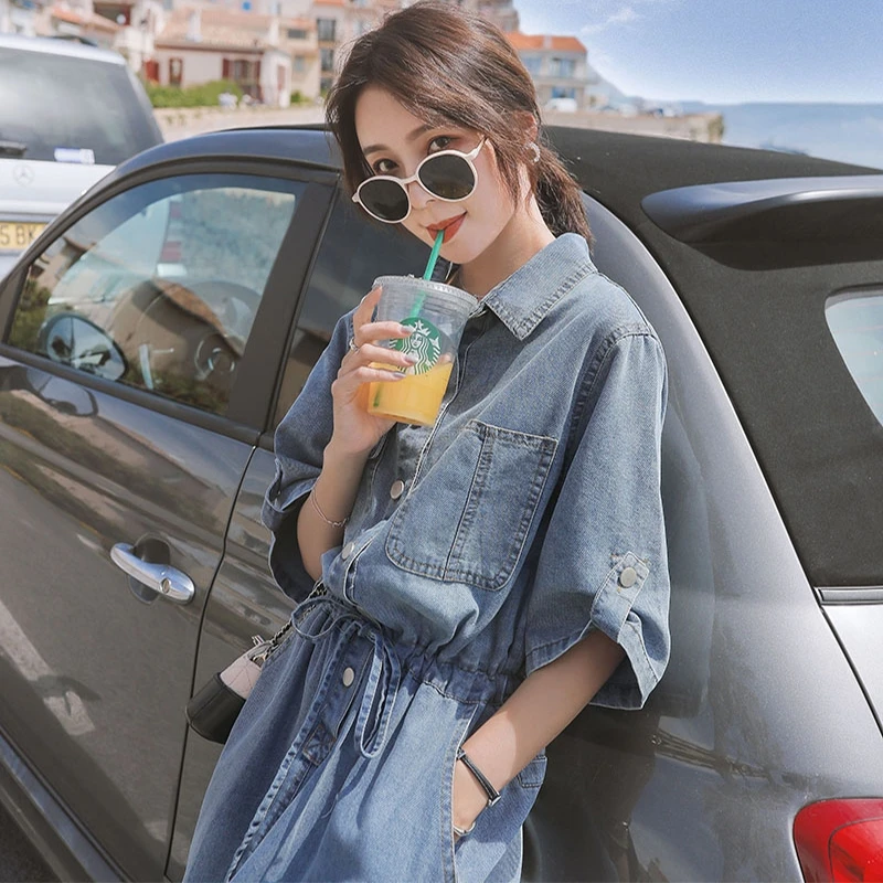 春夏季新款牛仔连衣裙收腰显瘦抽绳法式气质裙子