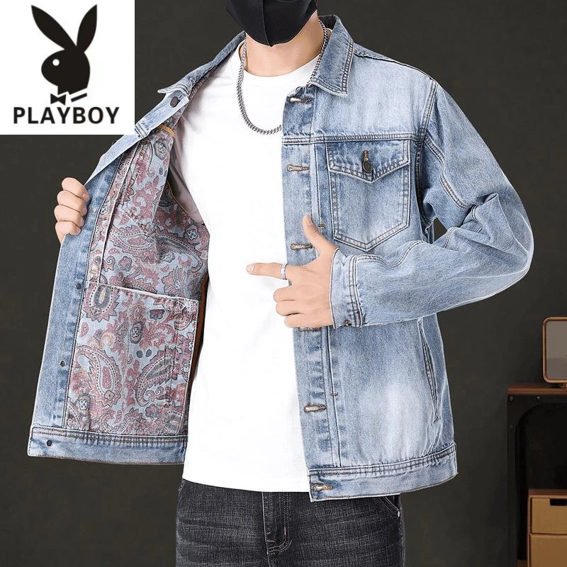 花花公子潮牌高端男士牛仔外套休闲夹克男装春秋款潮流宽松工装
