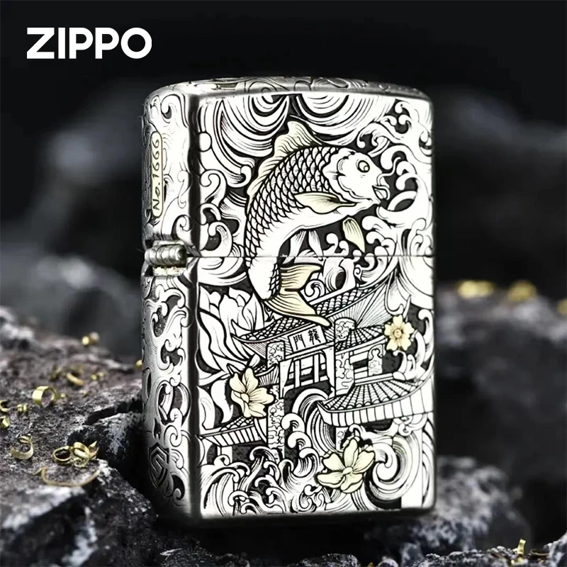 ZIPPO打火机错金银工艺鱼跃龙门套壳钢机/S925银机男士礼DY8702JY