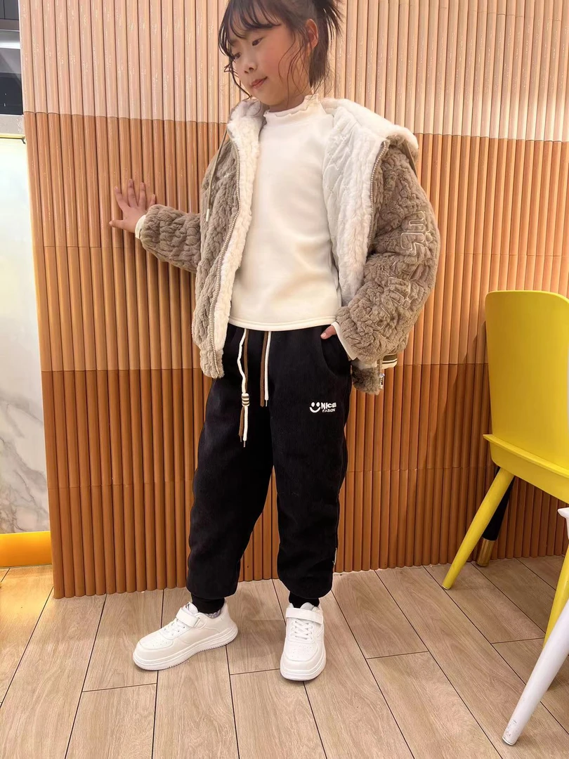 新款仿兔毛儿童中大童欧棉绒三合一加厚笑脸字母休闲冬季棉裤
