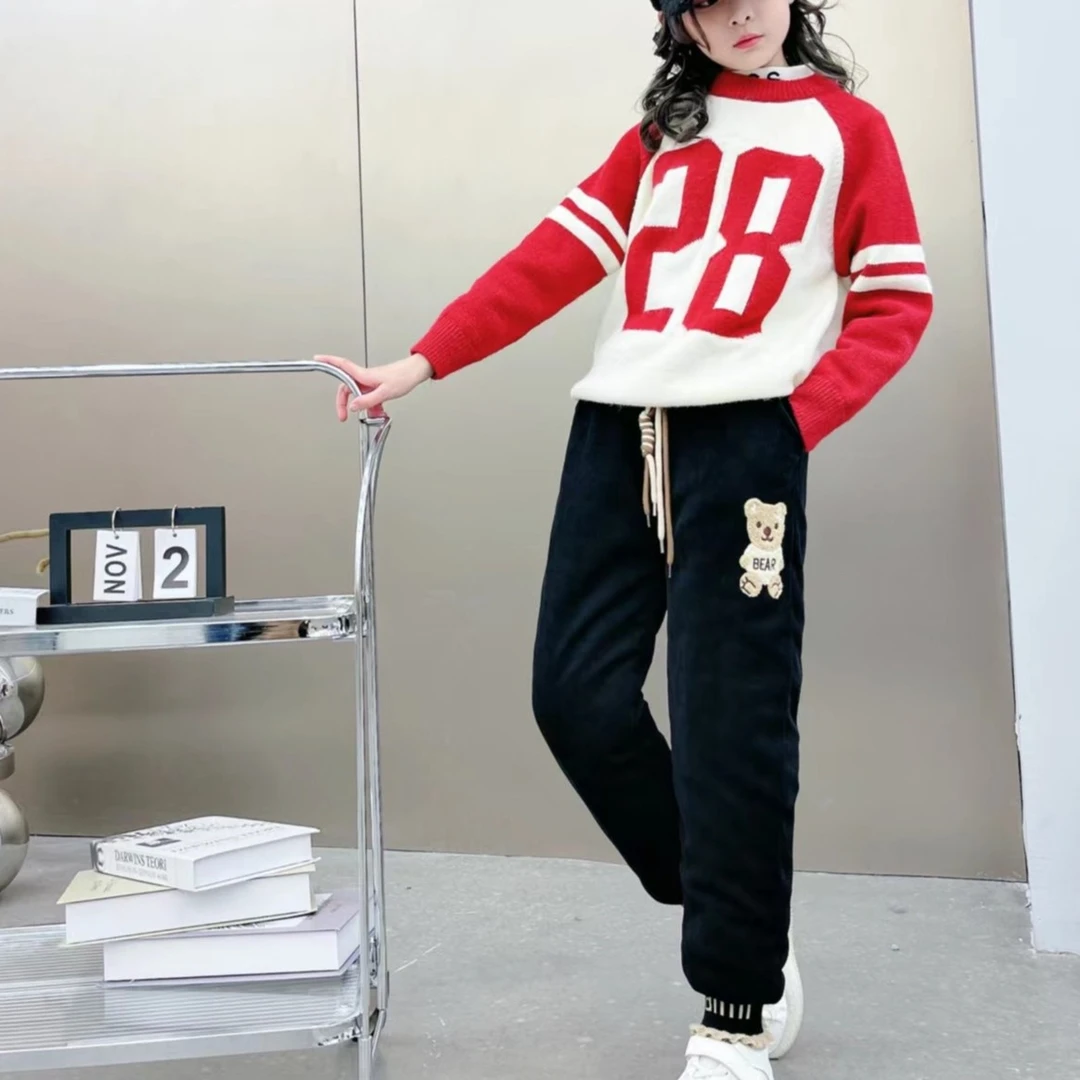 邂博新款冬季女童休闲宽松时尚儿童裤加绒加厚罗纹花边阁主棉裤