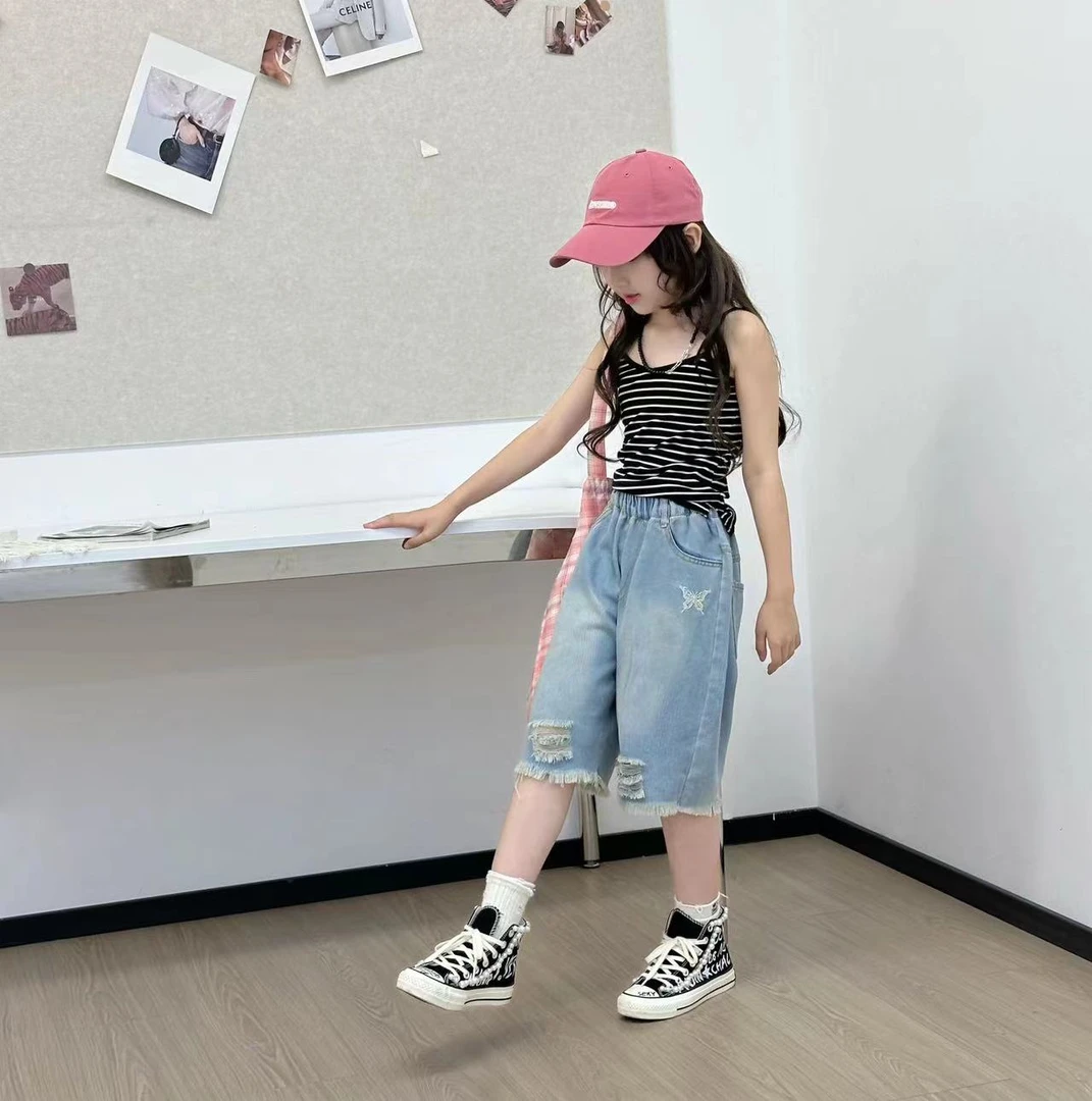 邂博破洞牛仔中裤儿童2024中大童夏季新款女孩洋气蝴蝶烫钻中裤
