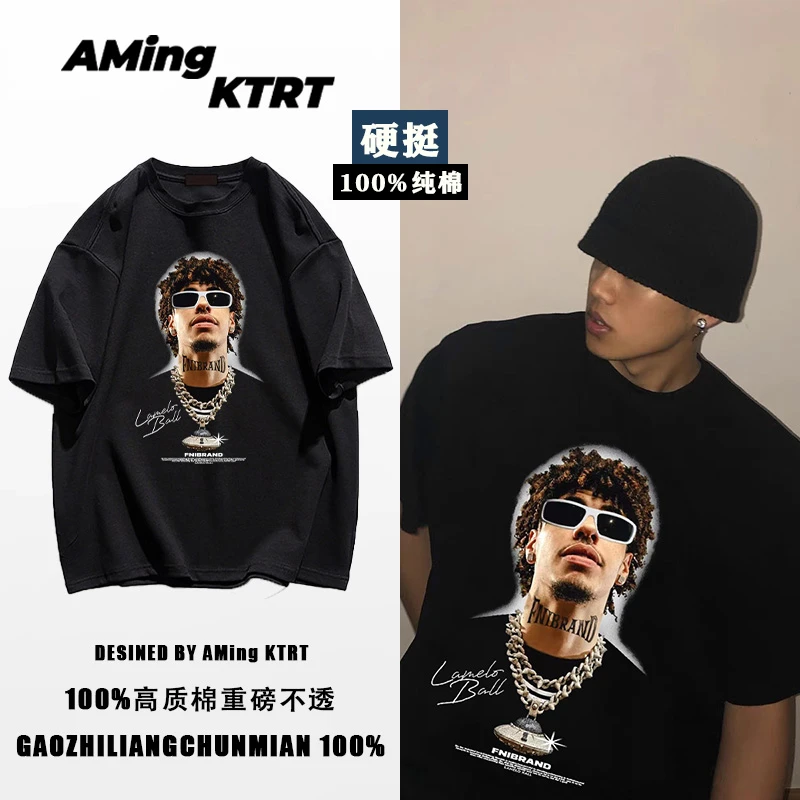 ins潮牌嘻哈人物印花短袖T恤男夏季hiphop欧美式街头重磅纯棉上衣