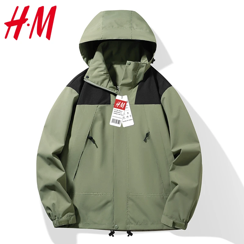 HM男女情侣款保暖冲锋衣青少年秋冬季户外休闲薄款连帽防风冲锋衣