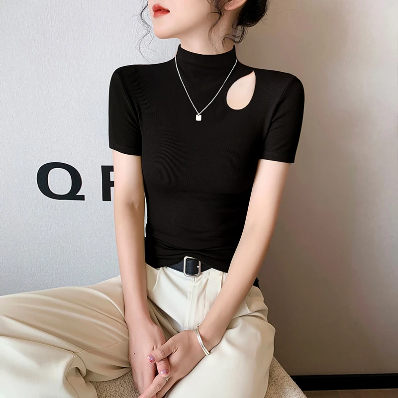 黑色螺纹半高领镂空短袖t恤女2025春夏百搭显瘦洋气修身半袖上衣