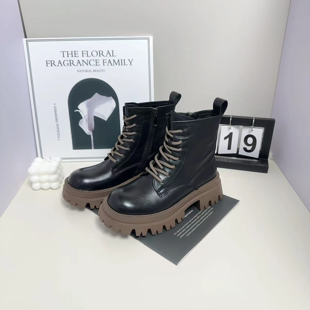 [二哥专属]真皮厚底马丁靴女2024秋冬新款英伦风单靴加绒短靴8101