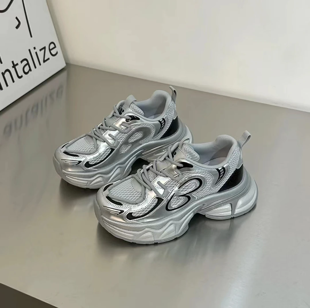 真皮网面绑带老爹鞋女2024春夏透气显脚小增高厚底休闲运动鞋986