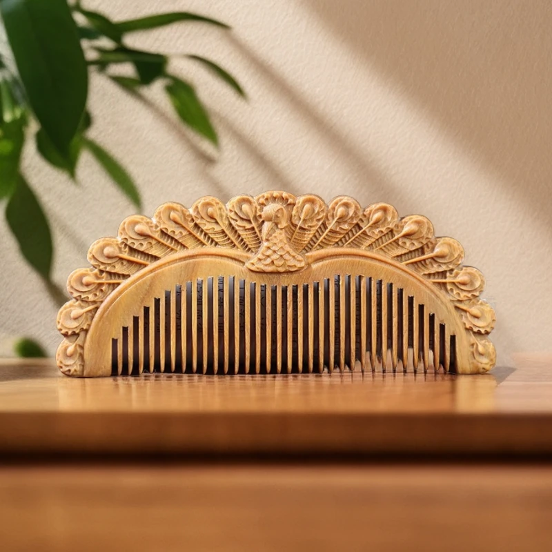 绿檀木雕刻复古木梳家用便携雕花木梳木质工艺品梳子送礼品女友