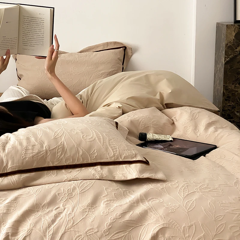 路约威格全棉四件套浮雕纯棉柔软美式床品被套床单轻奢简约被罩