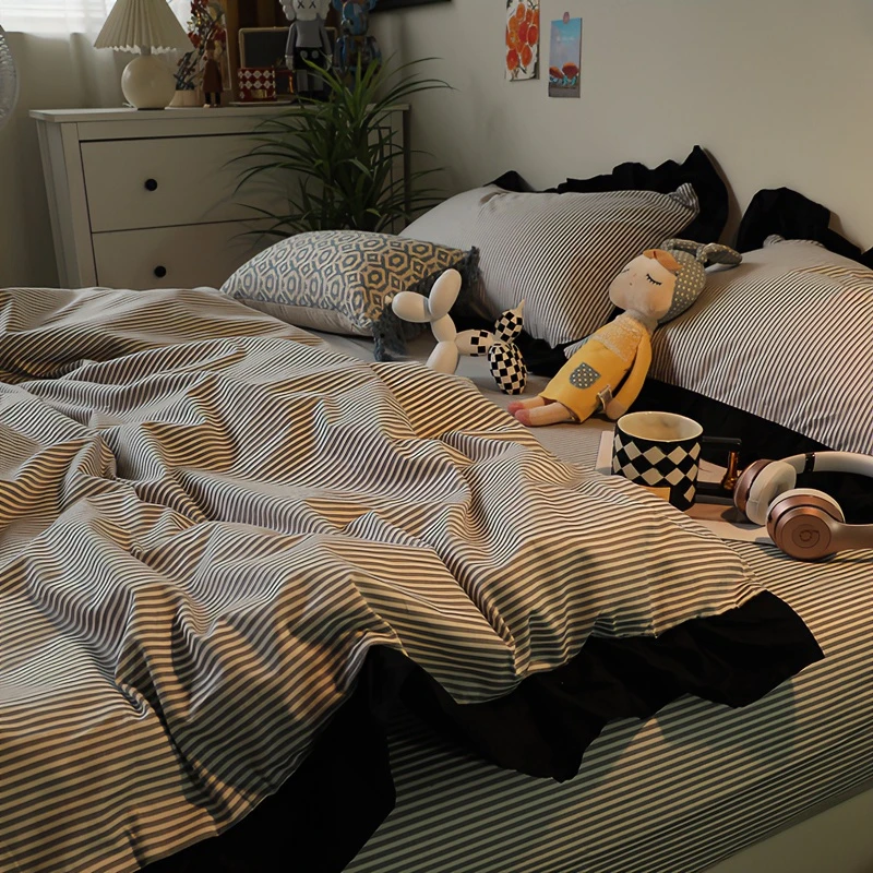 路约威格北欧简约几何条纹床上四件套全棉纯棉被套三件套加厚格子