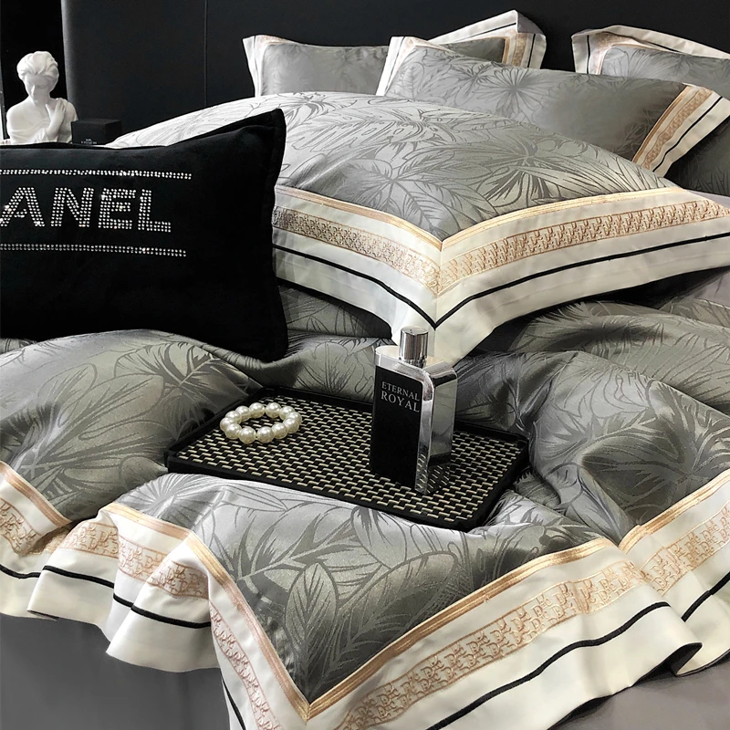 路约威格高级感贡缎提花被套全棉床单四件套轻奢亲肤纯棉床笠美式