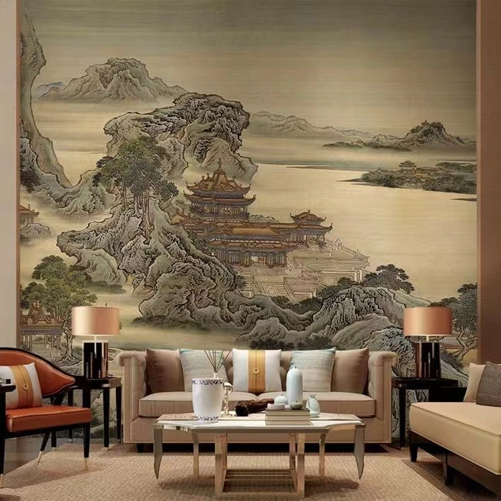 高档新中式宫廷山水画电视背景墙壁纸沙发影视墙布茶室背景墙壁画