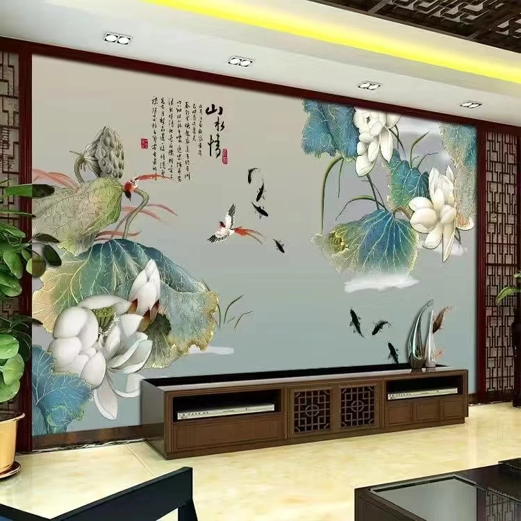 8d新中式电视背景墙壁纸客厅沙发墙纸3d立体荷花影视墙布装饰壁画