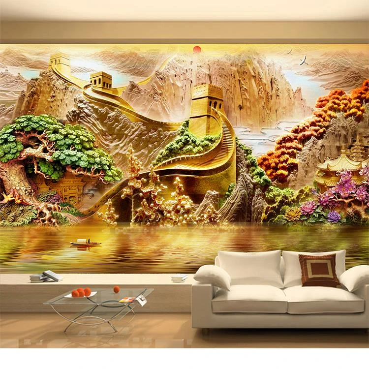 客厅中式迎客松电视背景墙水墨山水墙布壁纸3D立体仿浮雕假山壁画