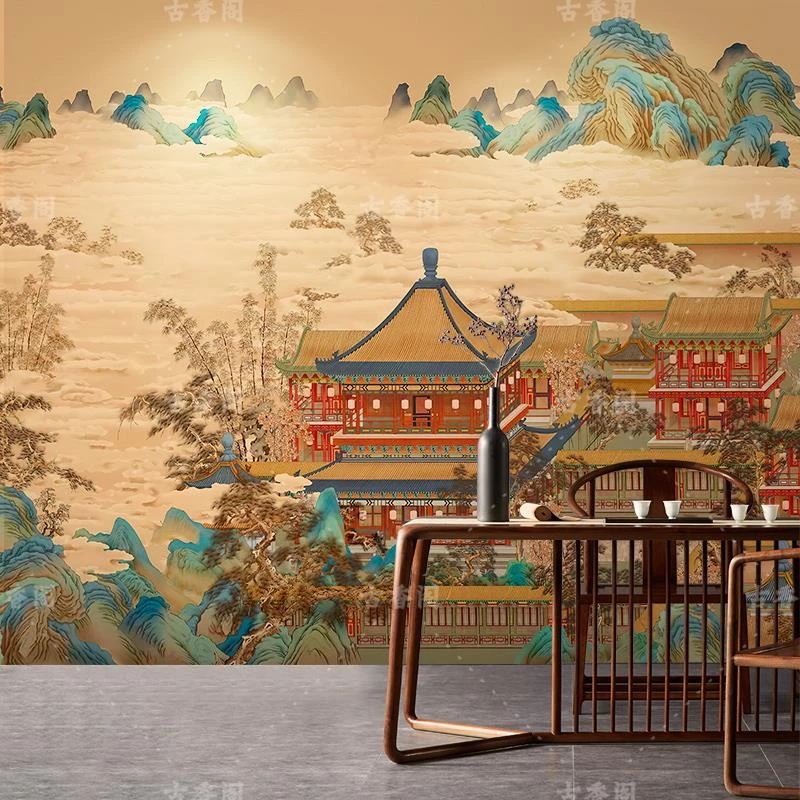 新中式背景墙壁画电视墙面装饰墙纸饭店壁纸山水画直播间背景画布