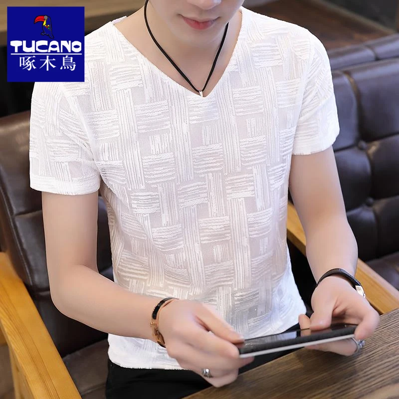 啄木鸟冰丝v领t恤男短袖夏季潮流半袖体恤薄款透气速干夏装上衣