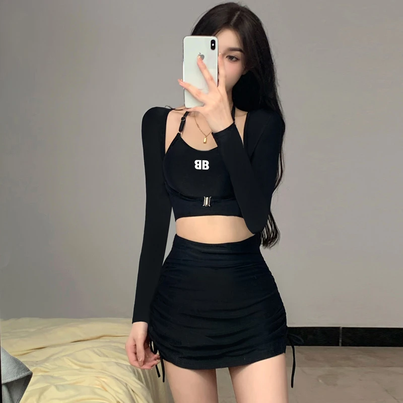 美亦舒2025新款网红抖音分体泳衣裙式长袖遮肚显瘦三件套泳装女