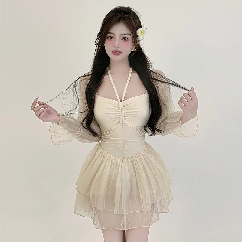 【微醺少女】裙式遮肚显瘦款式度假风长袖保守连体温泉泳衣女ins
