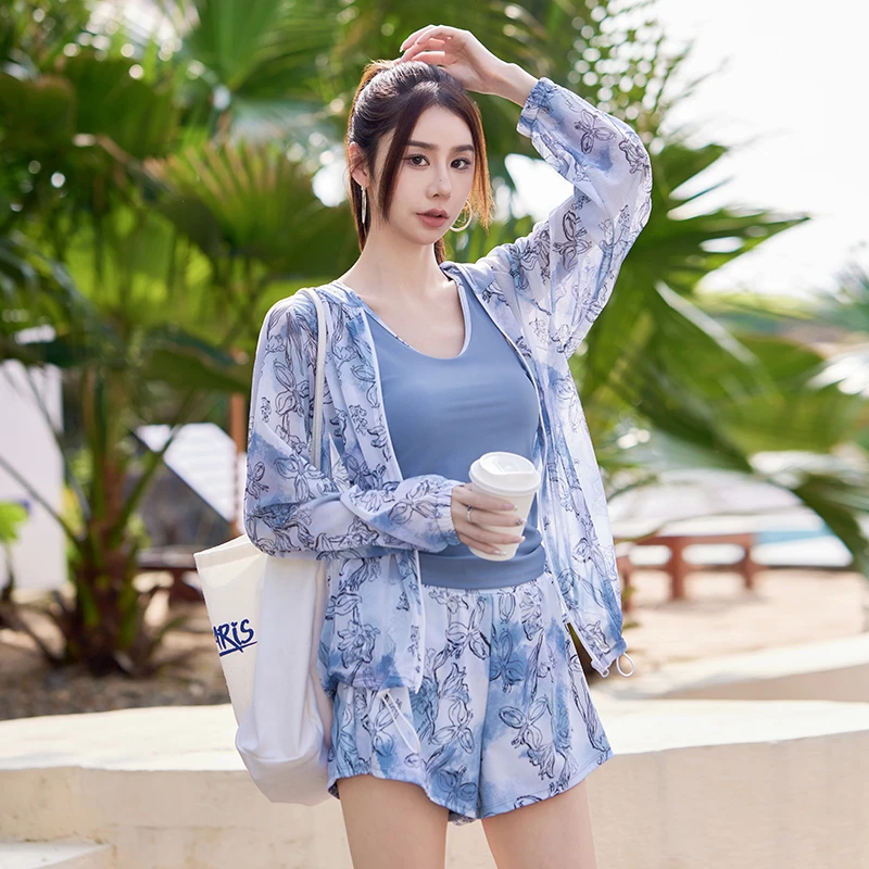 高颜值新款泳衣女分体三件套运动大码遮肚显瘦高腰夏季度假泳装
