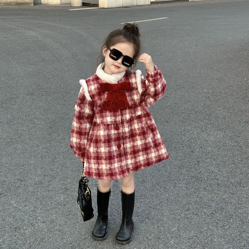 女童加厚夹棉外套拜年服冬季新款洋气女宝新年战袍毛呢过年衣服