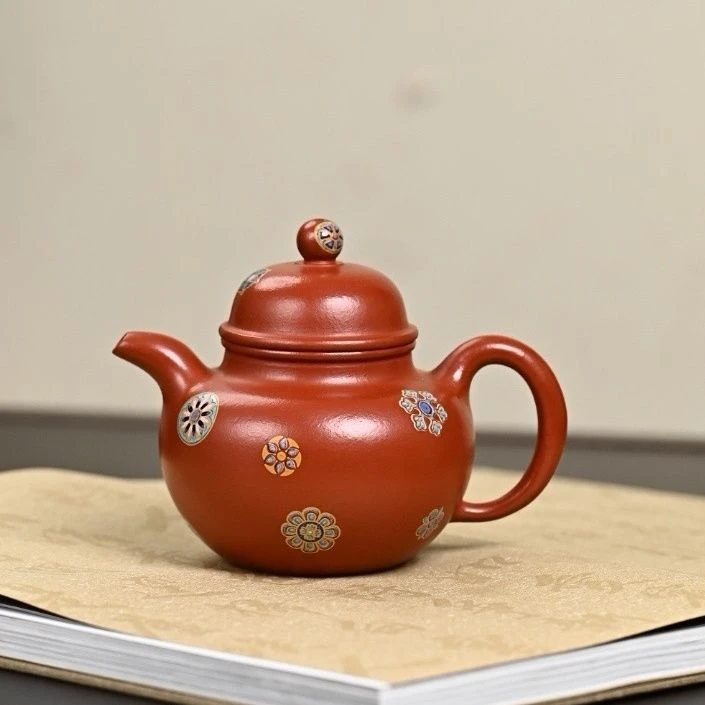 220毫升宜兴紫砂壶手工泡茶壶珐琅彩皮球花原矿皱皮朱泥掇球壶