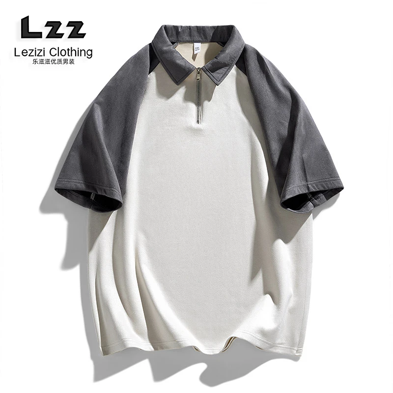 2024夏季新款插色港风短袖男情侣宽松百搭休闲翻领上衣撞色薄款T