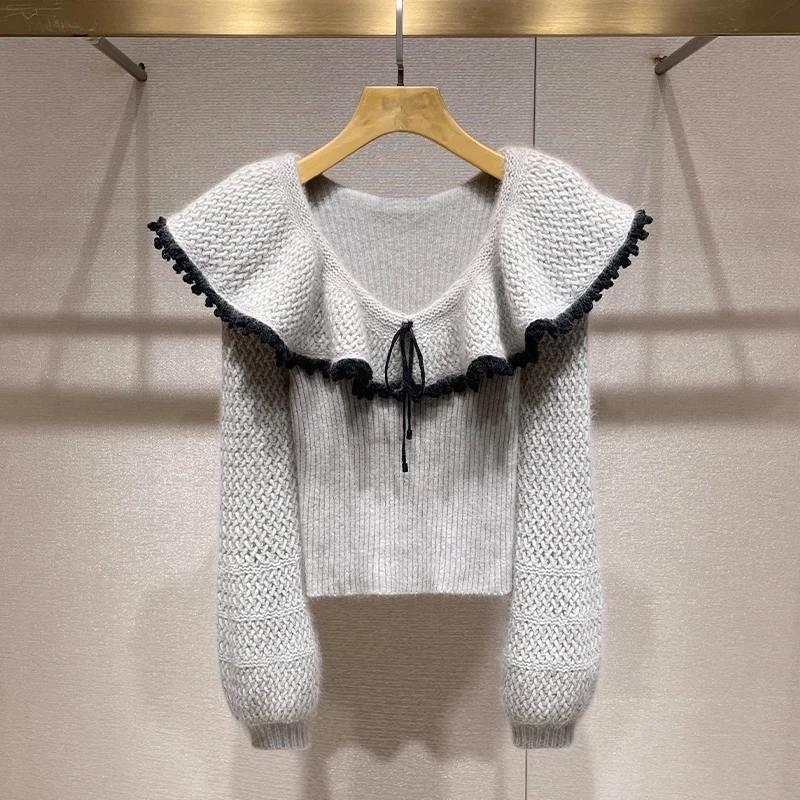 上衣温柔风韩系2024秋季新款法式气质V领荷叶边灯笼袖毛衣针织衫