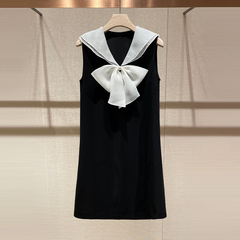 减龄显瘦连衣裙2024夏季新款撞色海军领蝴蝶结a字甜辣无袖背心裙