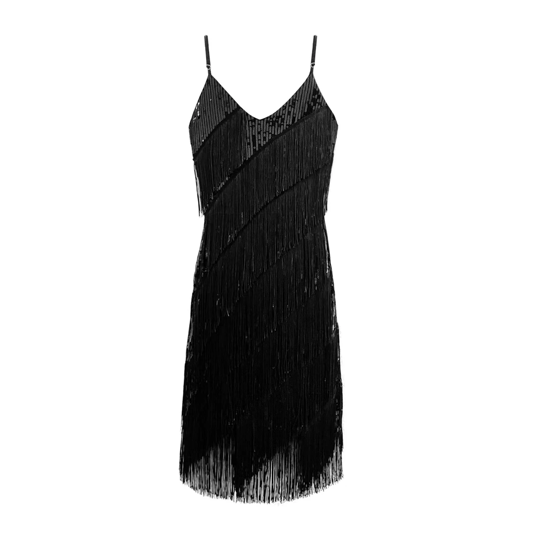 气质小礼服通性感黑色亮片流苏连衣裙吊带洋气8005【003】