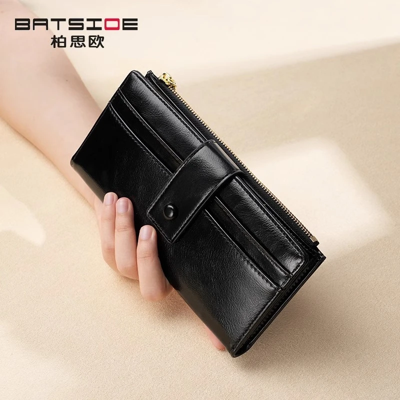 油蜡皮全PU现金收纳包高级商务休闲长款女士钱搭扣简约钱夹女