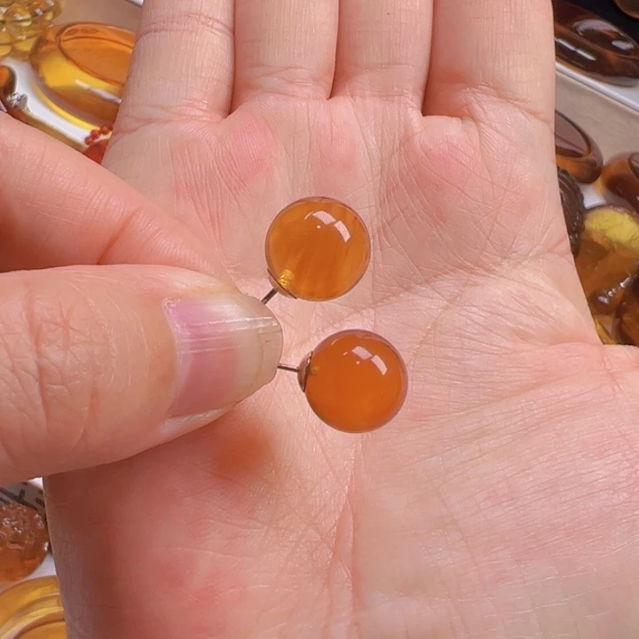 琥珀耳饰未镶嵌天然缅甸琥珀圆珠耳钉12+