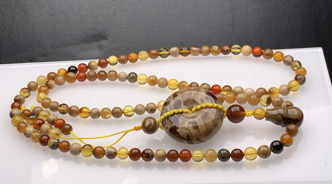 天然缅甸琥珀多宝毛衣链平安扣吊坠珠子规格6+尺寸32-